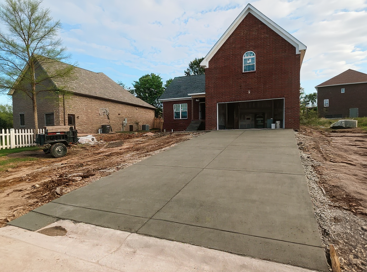 Long straight concrete driveway ranch home — Ford Concrete design idea