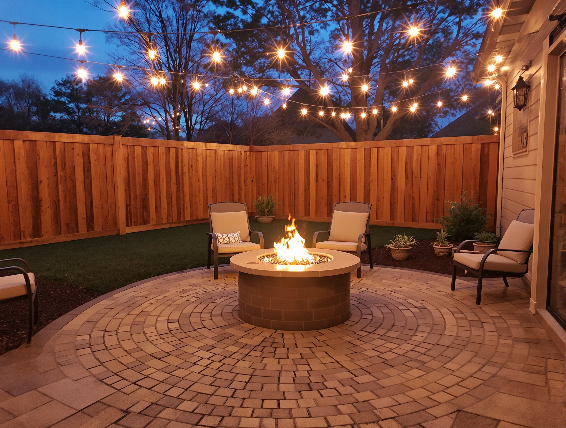 Stamped concrete patio fire pit evening — Ford Concrete design idea