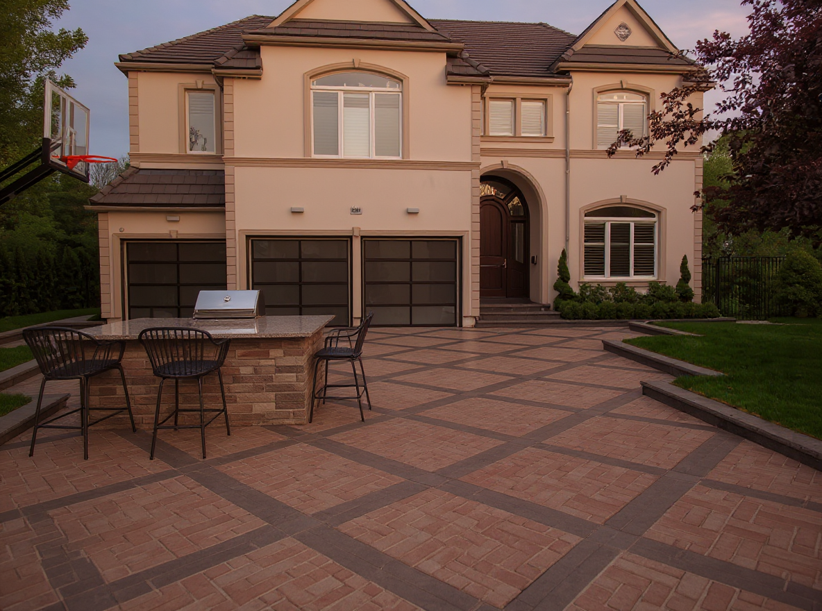 Stamped concrete patio herringbone outdoor kitchen — Ford Concrete design idea
