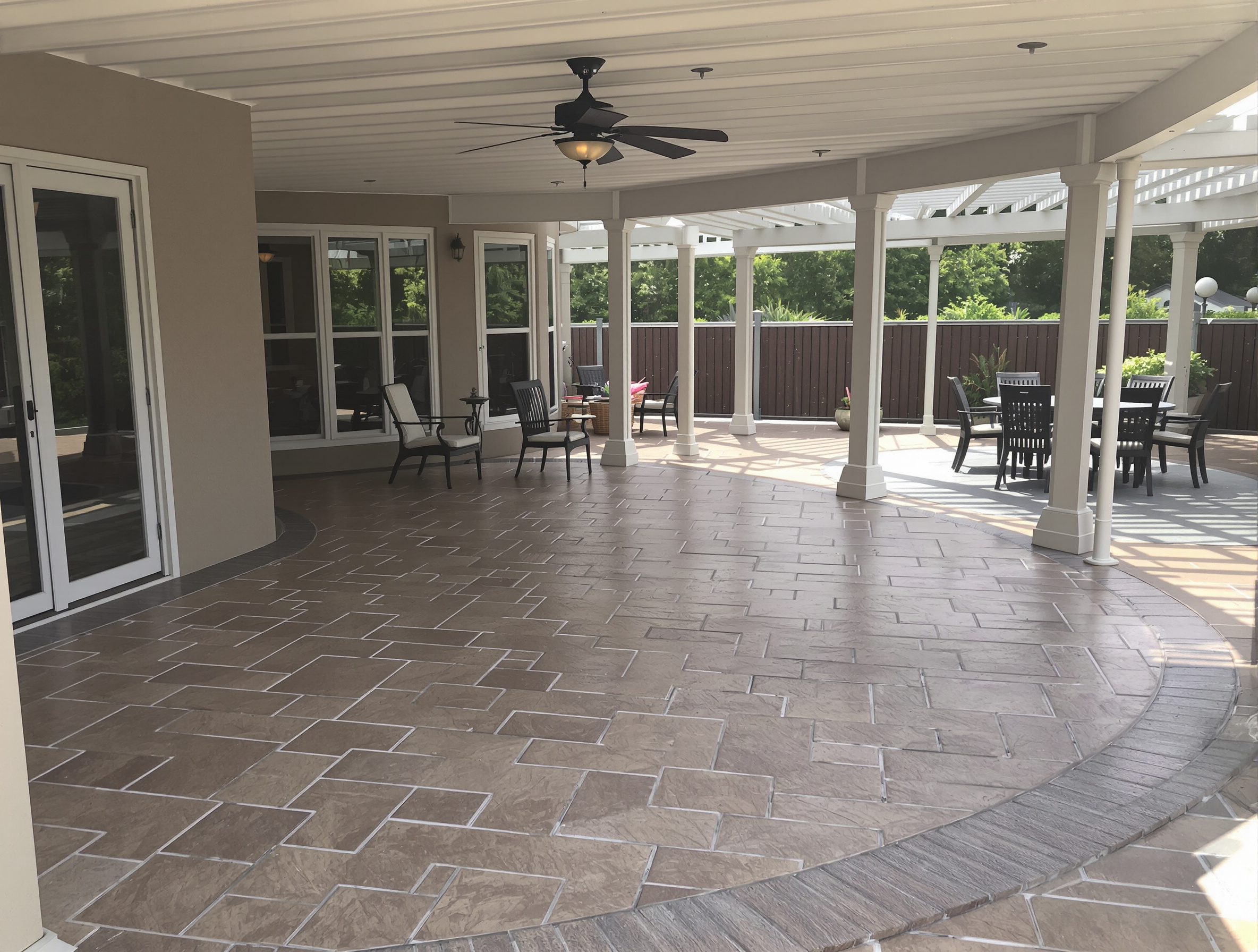 Stamped concrete patio pergola two-tone — Ford Concrete design idea