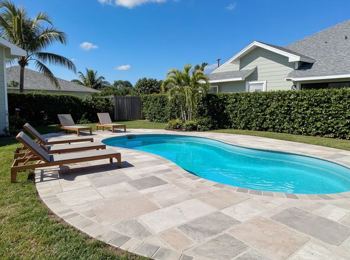 Stamped concrete patio random stone poolside — Ford Concrete design idea
