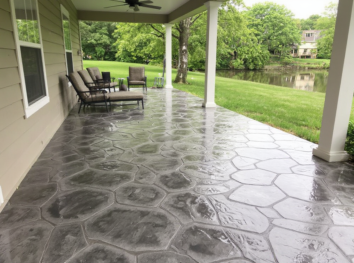 Stamped concrete patio random slate blue-grey — Ford Concrete design idea