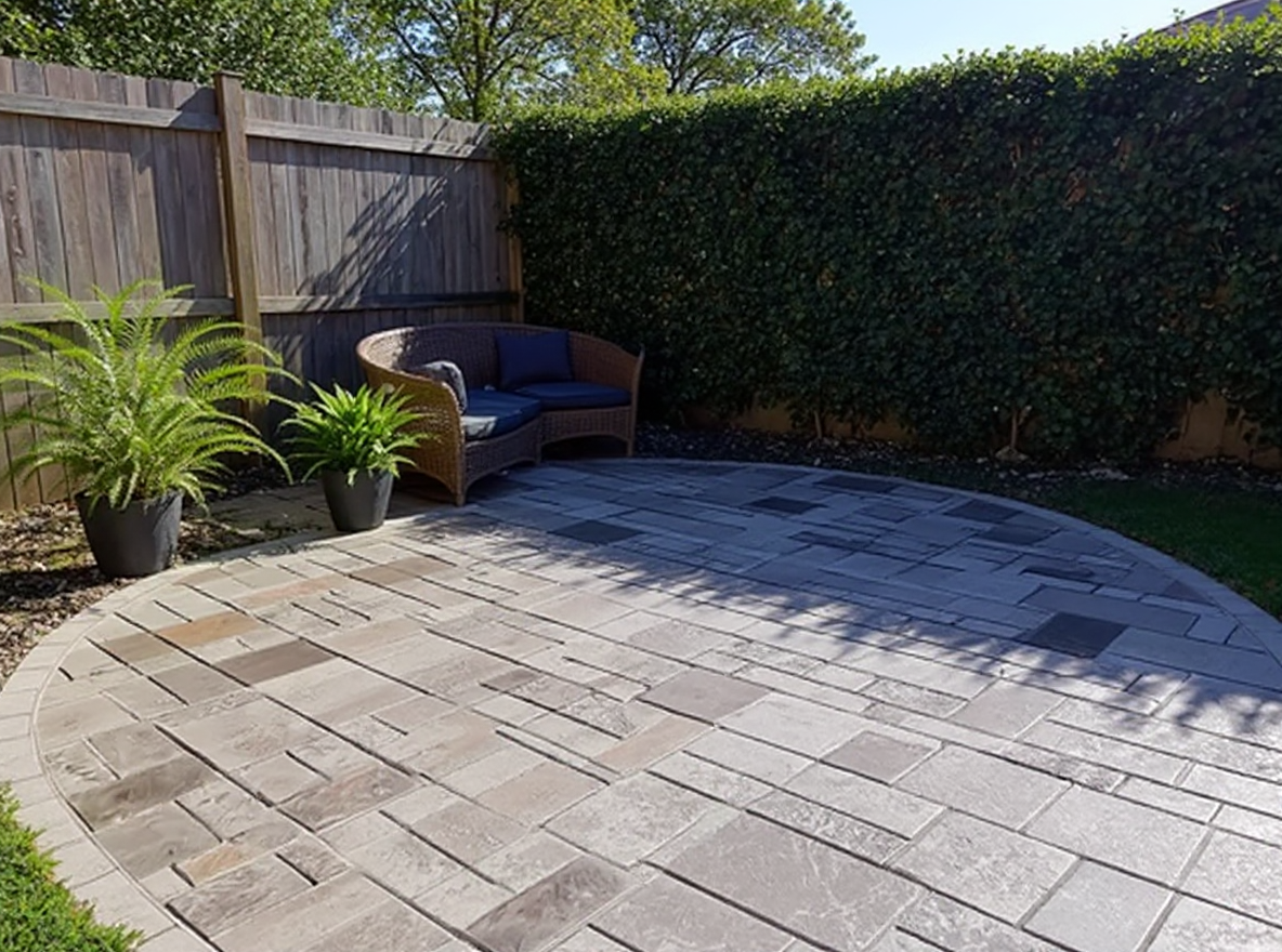 Stamped concrete patio wood plank weathered oak — Ford Concrete design idea