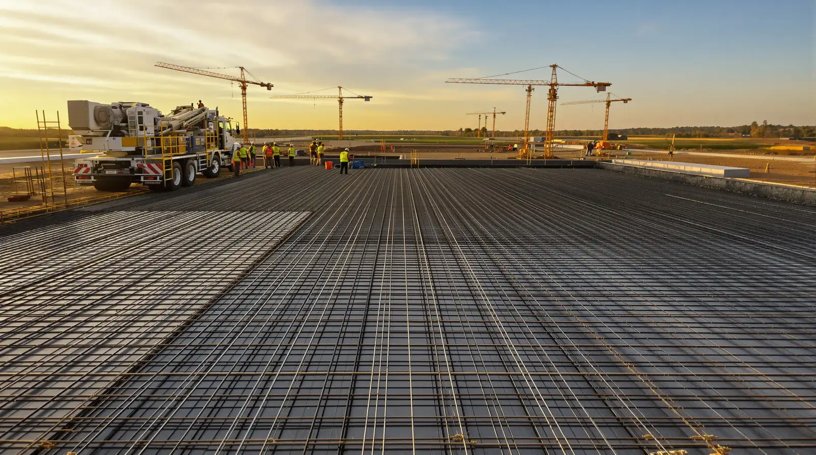 Commercial foundation construction in Kansas City — concrete foundation pour with rebar mat and pump truck | Ford Concrete