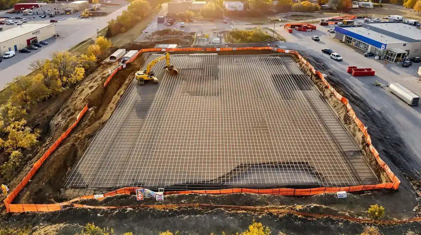 Aerial view of commercial sitework in progress in Kansas City — excavation, grading, and building pad construction by Ford Concrete