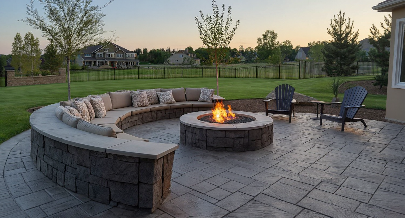 Stamped concrete patio with fire pit — Kansas City