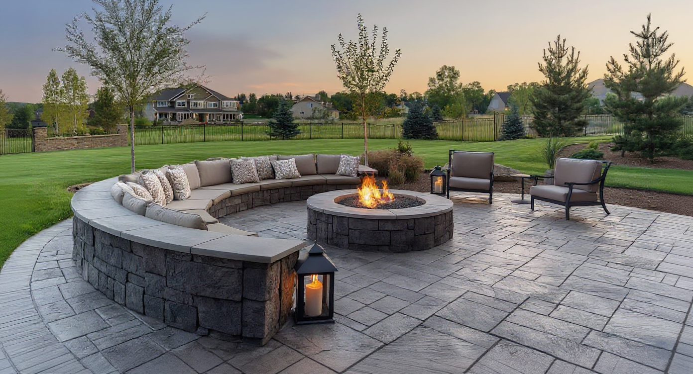 Stunning stamped concrete patio with fire pit at sunset — decorative concrete by Ford Concrete in Kansas City