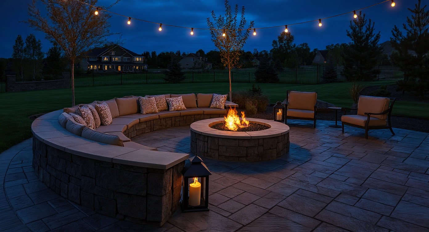 Beautiful stamped concrete patio at dusk with string lights — Ford Concrete Kansas City