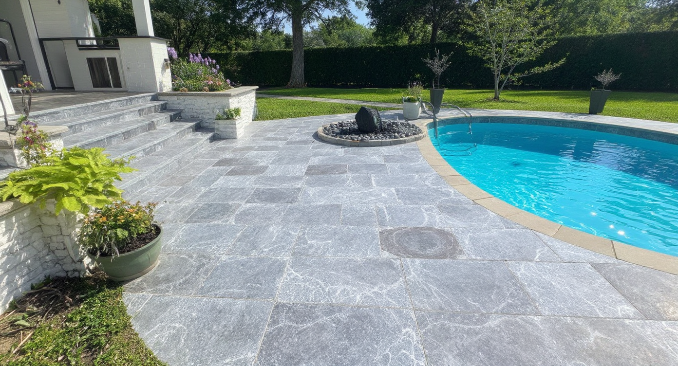 Flagstone stamped concrete pool deck — Kansas City decorative concrete