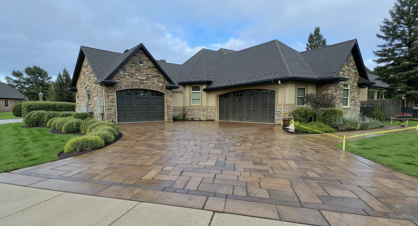 Cobblestone pattern stamped concrete driveway — Kansas City
