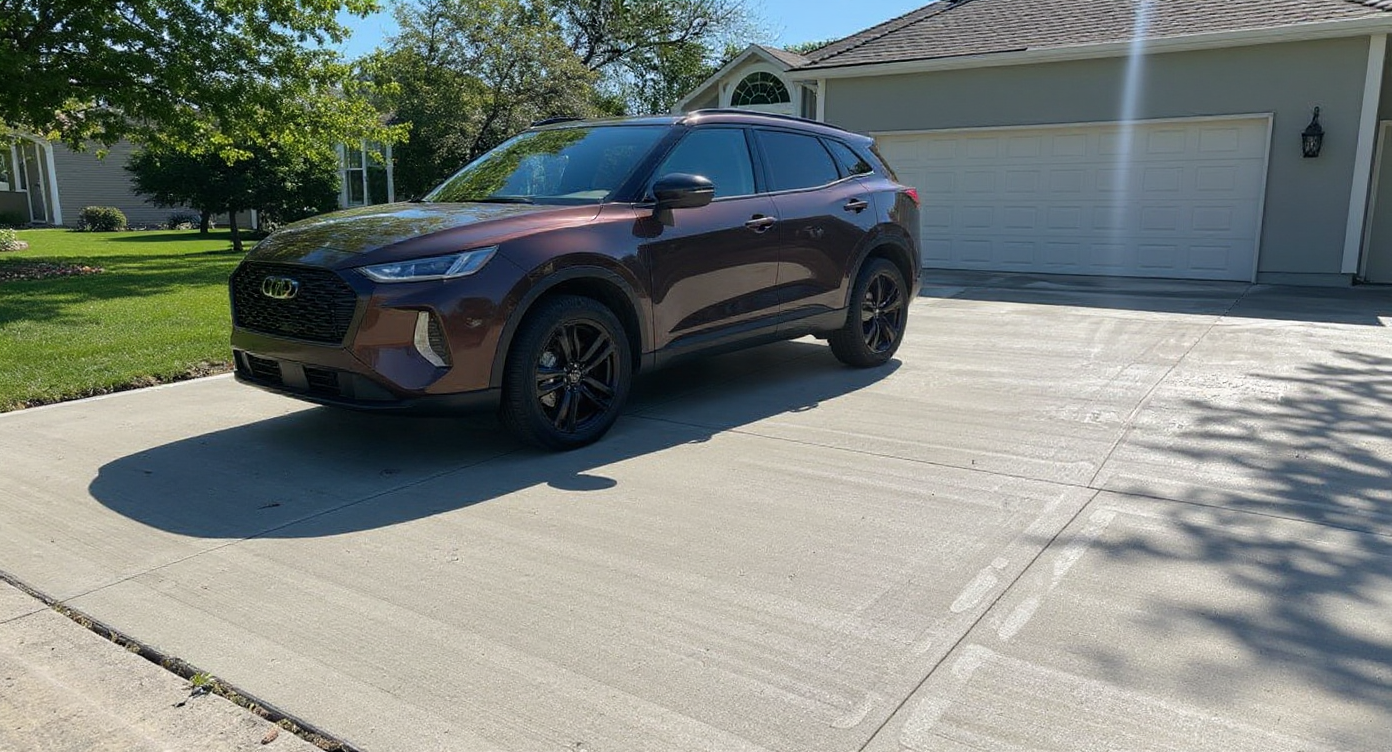 Clean SUV parked on a fresh smooth concrete driveway in Kansas City