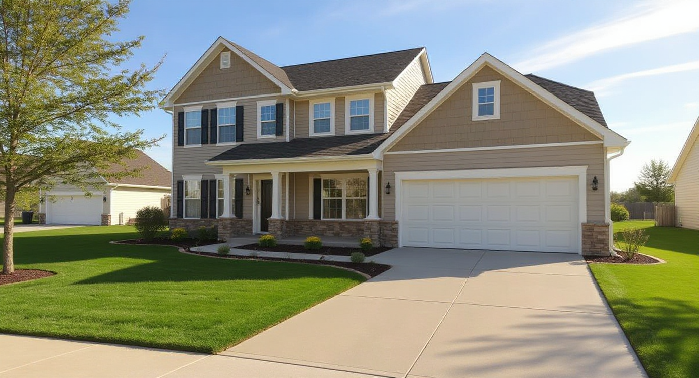 Kansas City suburban home with a beautiful fresh concrete driveway — real estate quality curb appeal