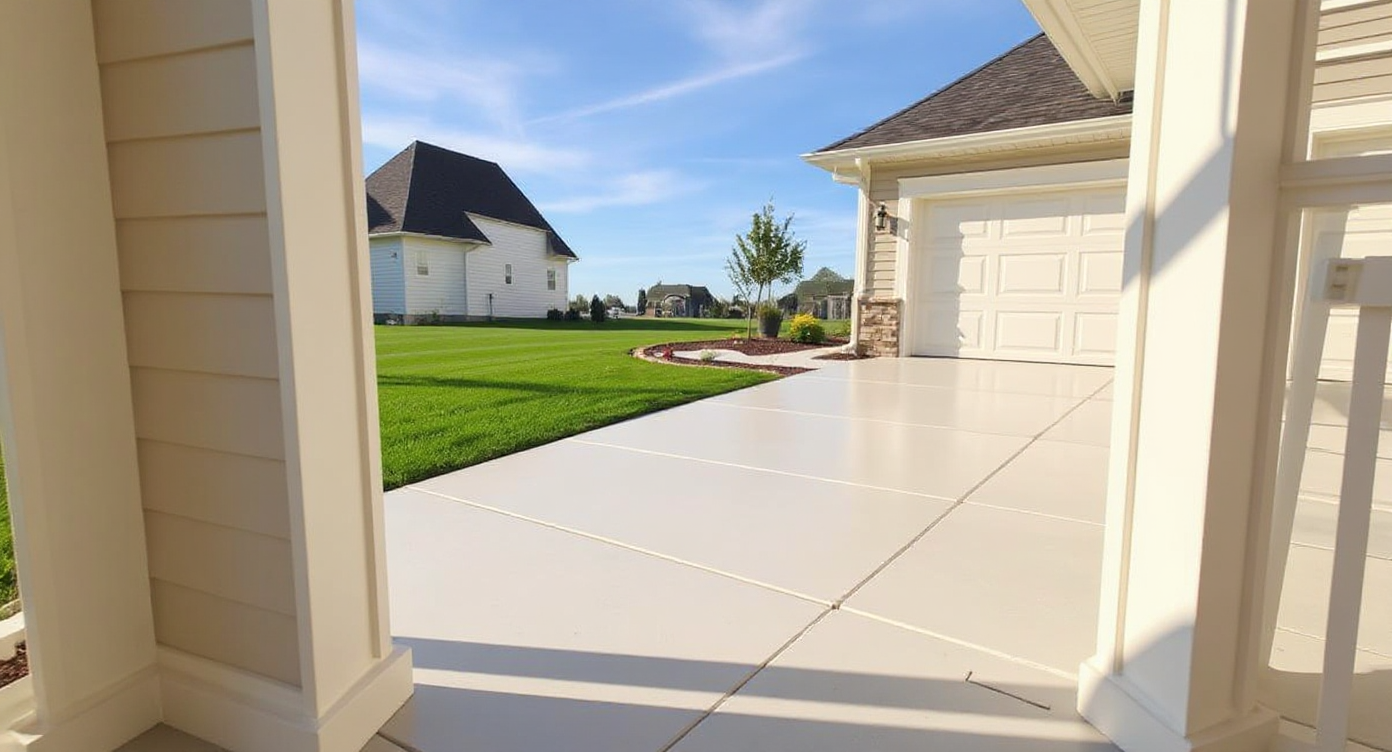 Morning view from the porch looking out over a beautiful new concrete driveway