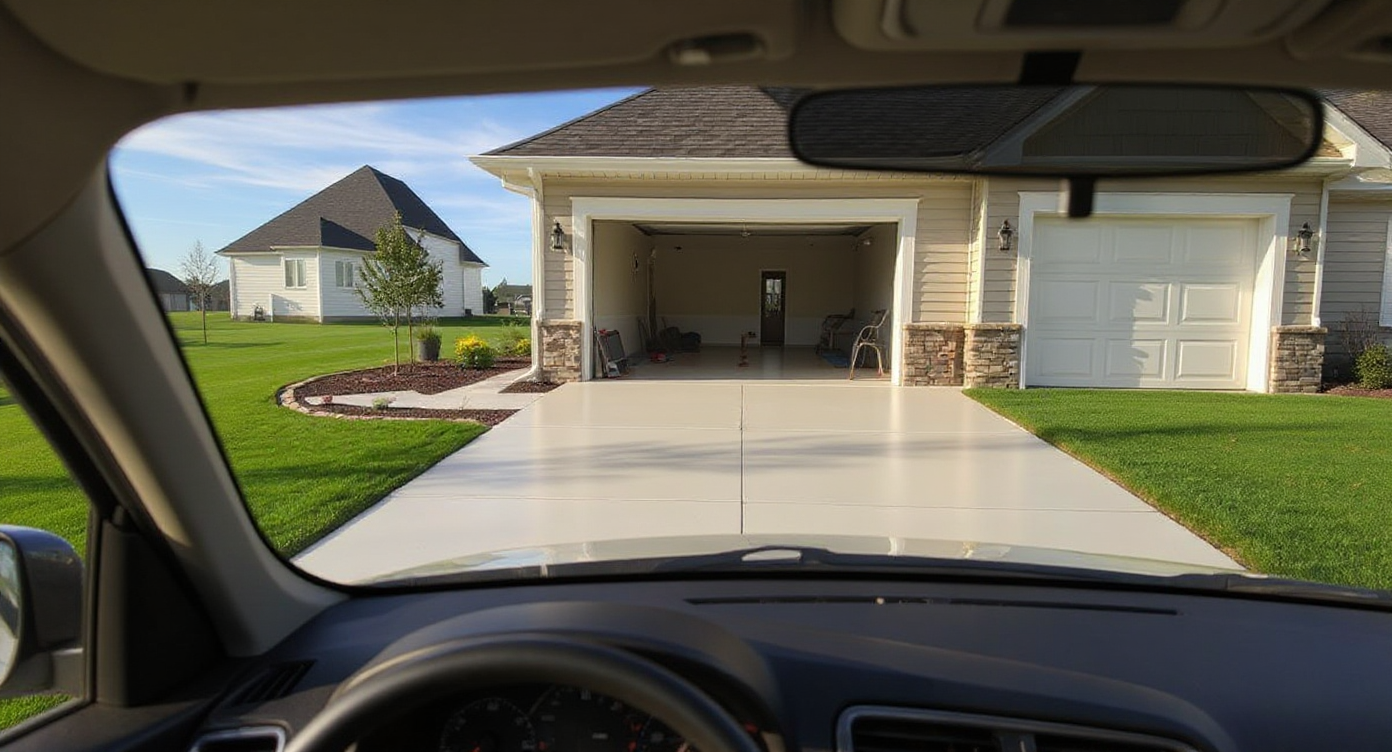 Through-the-windshield view pulling into a beautiful concrete driveway — the feeling of coming home