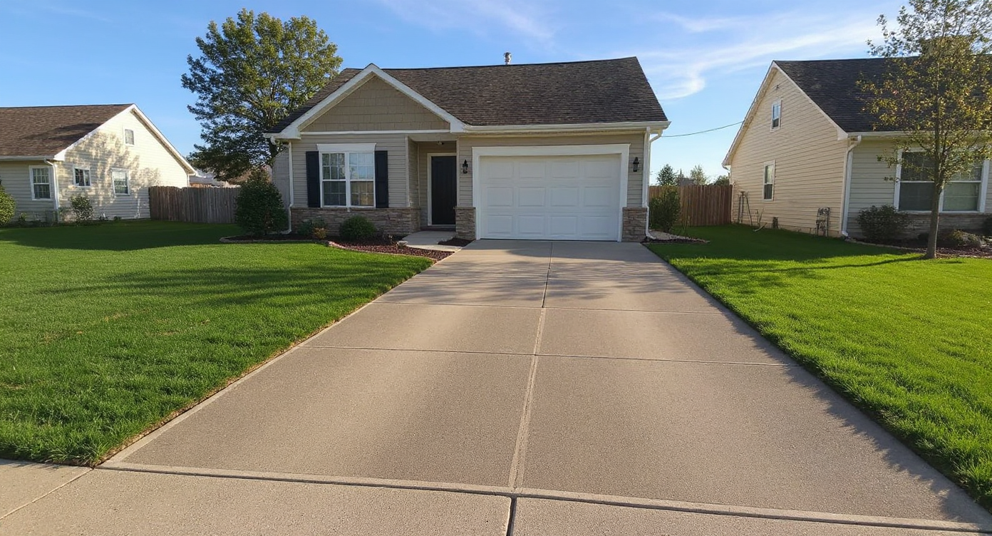 Kansas City neighborhood street — one home with a stunning new concrete driveway standing out