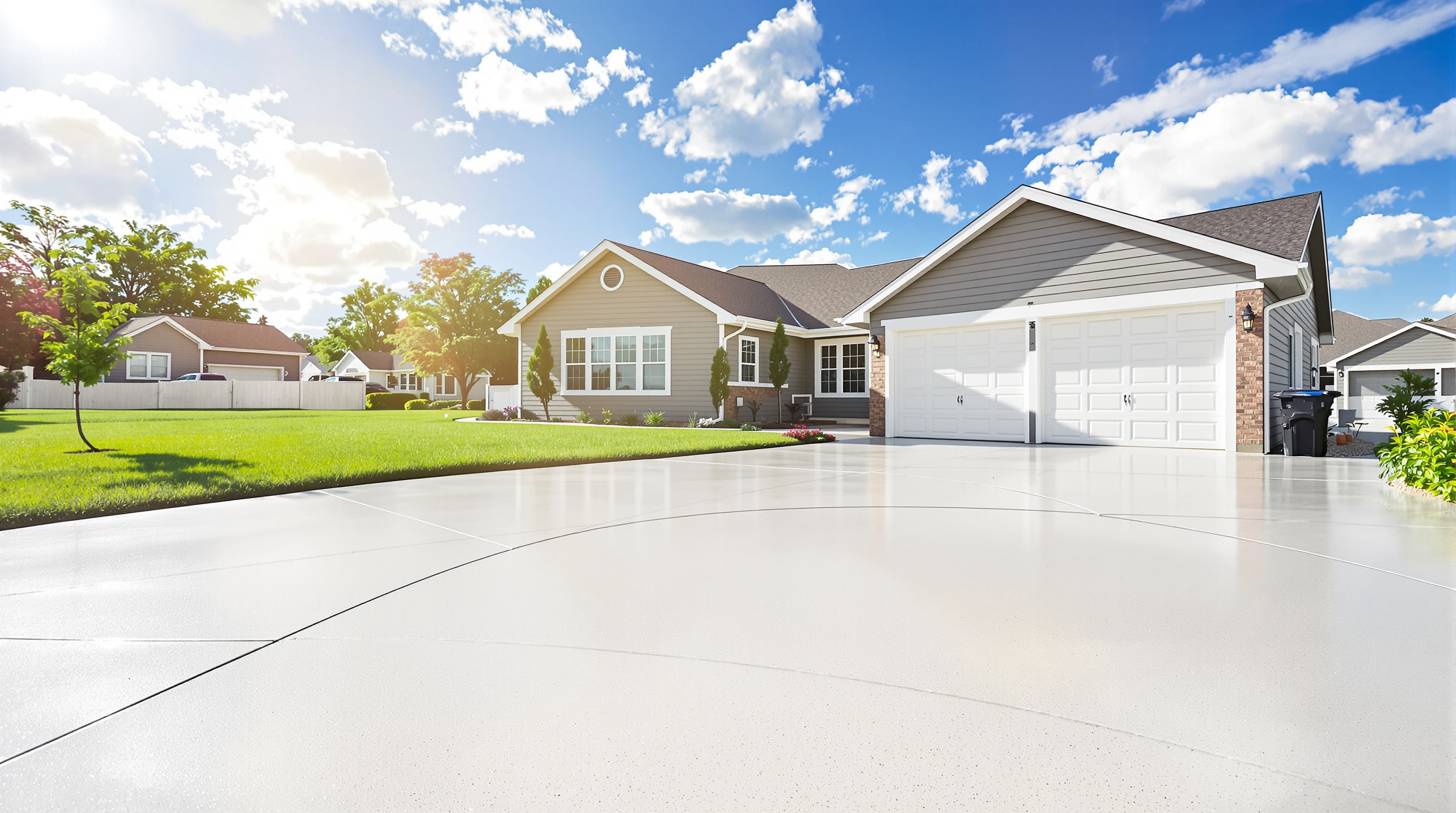 Beautiful new concrete driveway at a Kansas City home on a sunny afternoon