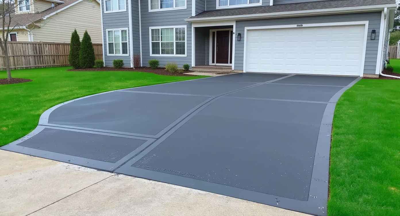 Curved concrete driveway with ribbon borders