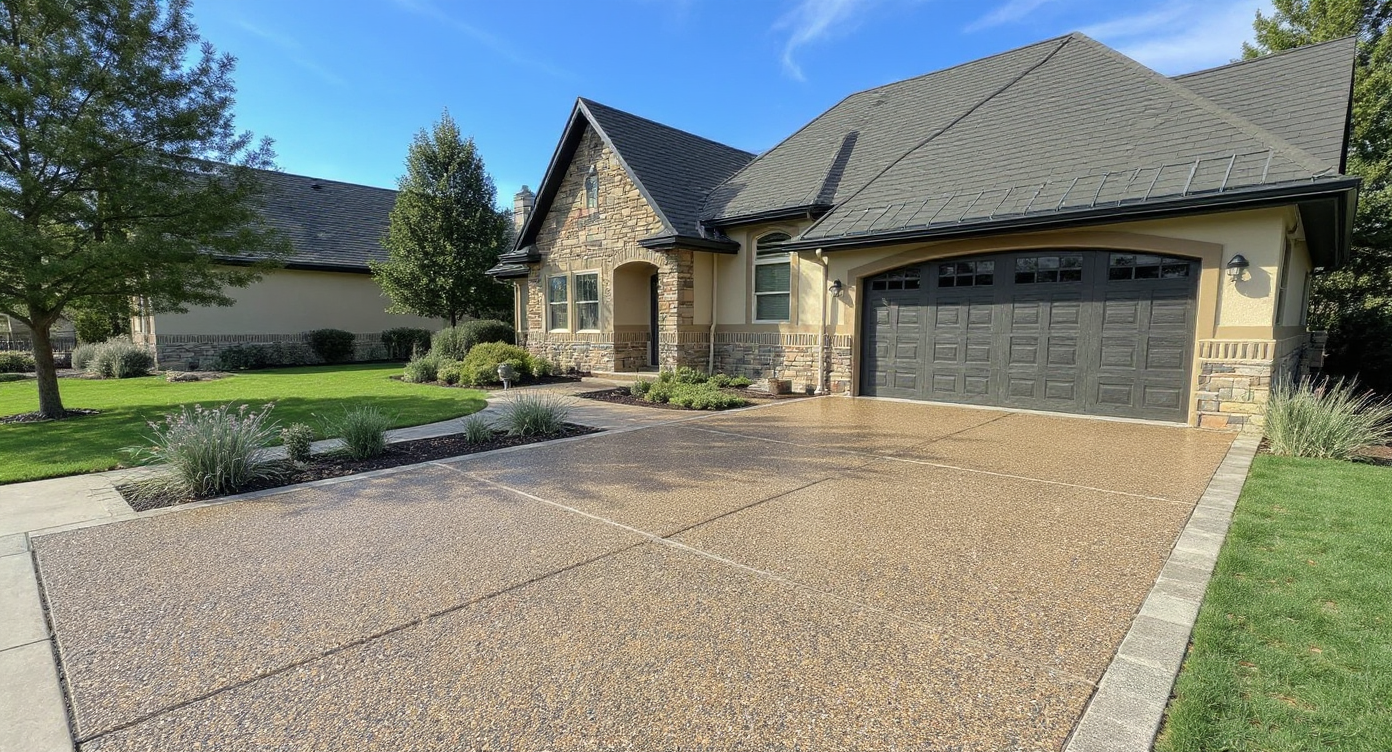 Exposed aggregate driveway on a craftsman-style home in Leawood