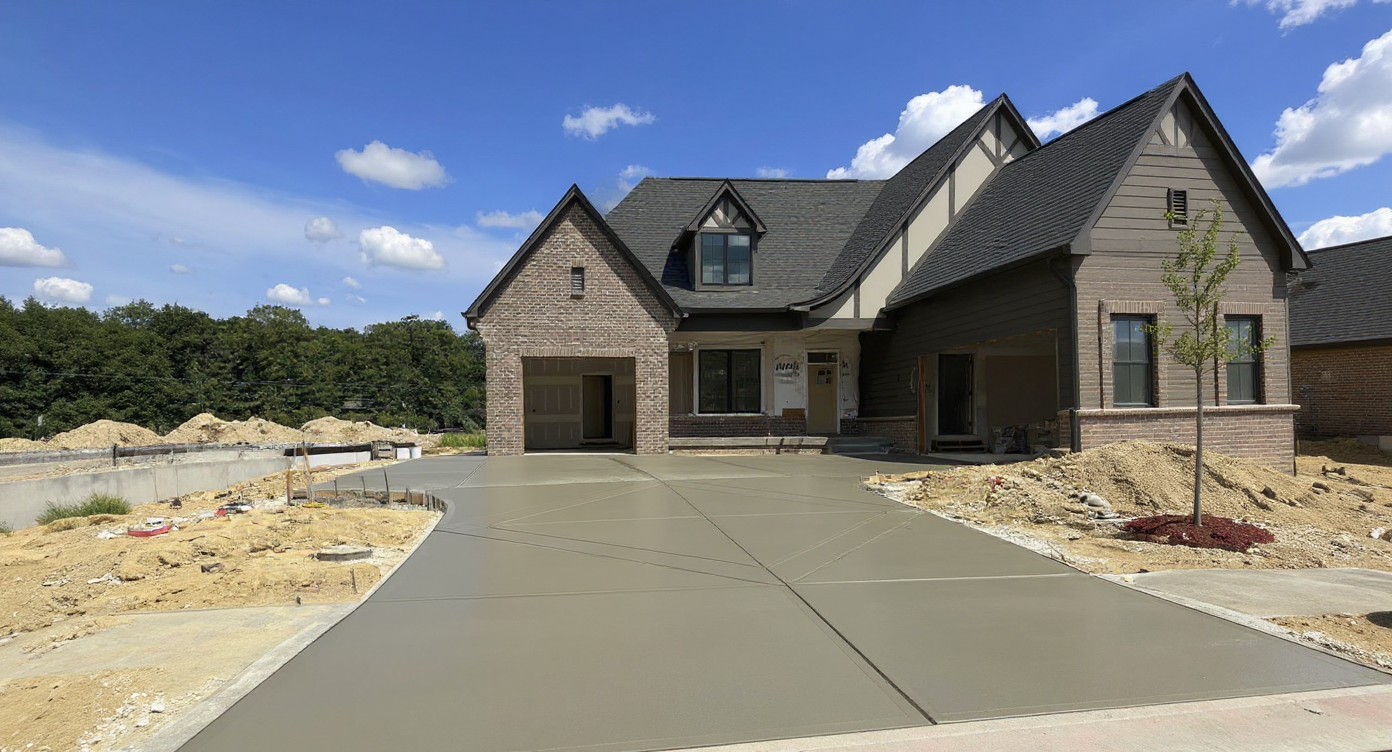 Wide three-car driveway on a new construction home