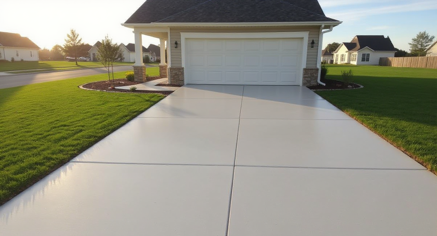 View from garage looking outward across a smooth concrete driveway