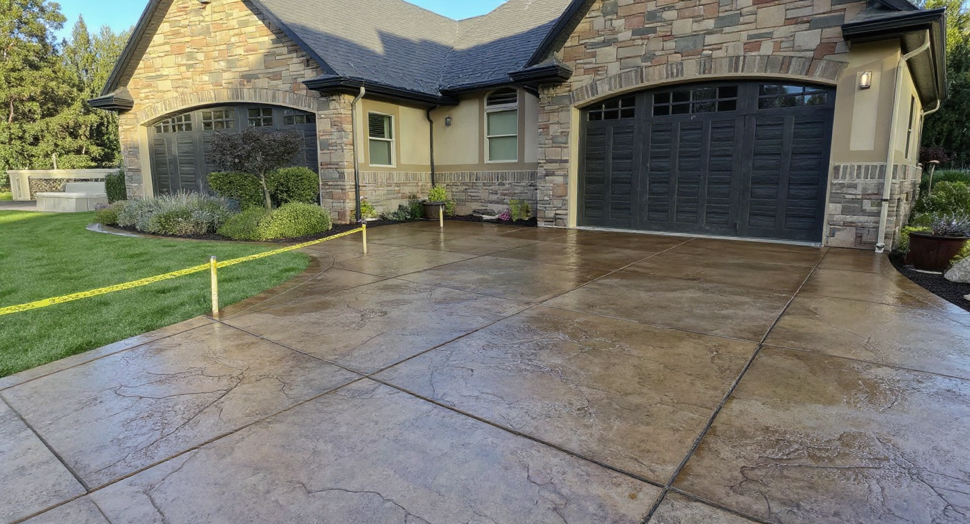Stamped concrete driveway with random stone pattern