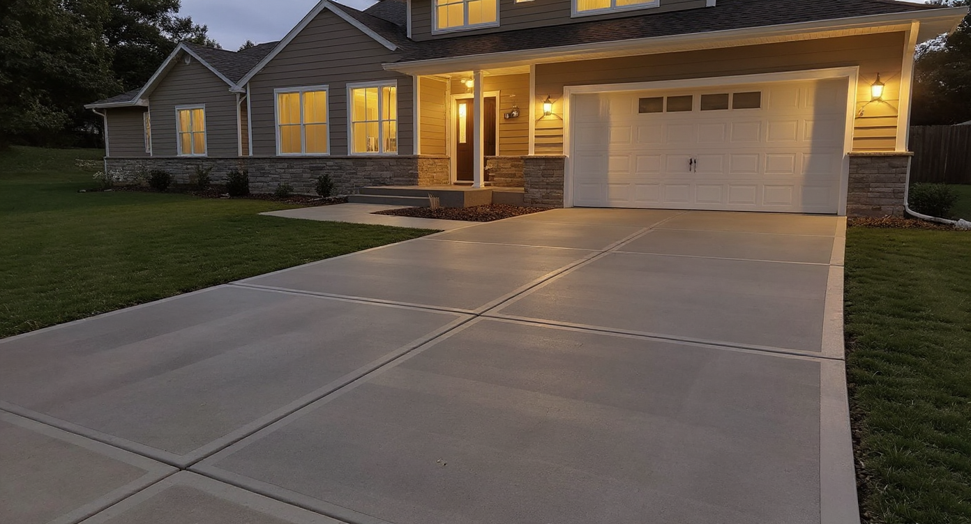 Smooth finished driveway on a modern farmhouse-style home