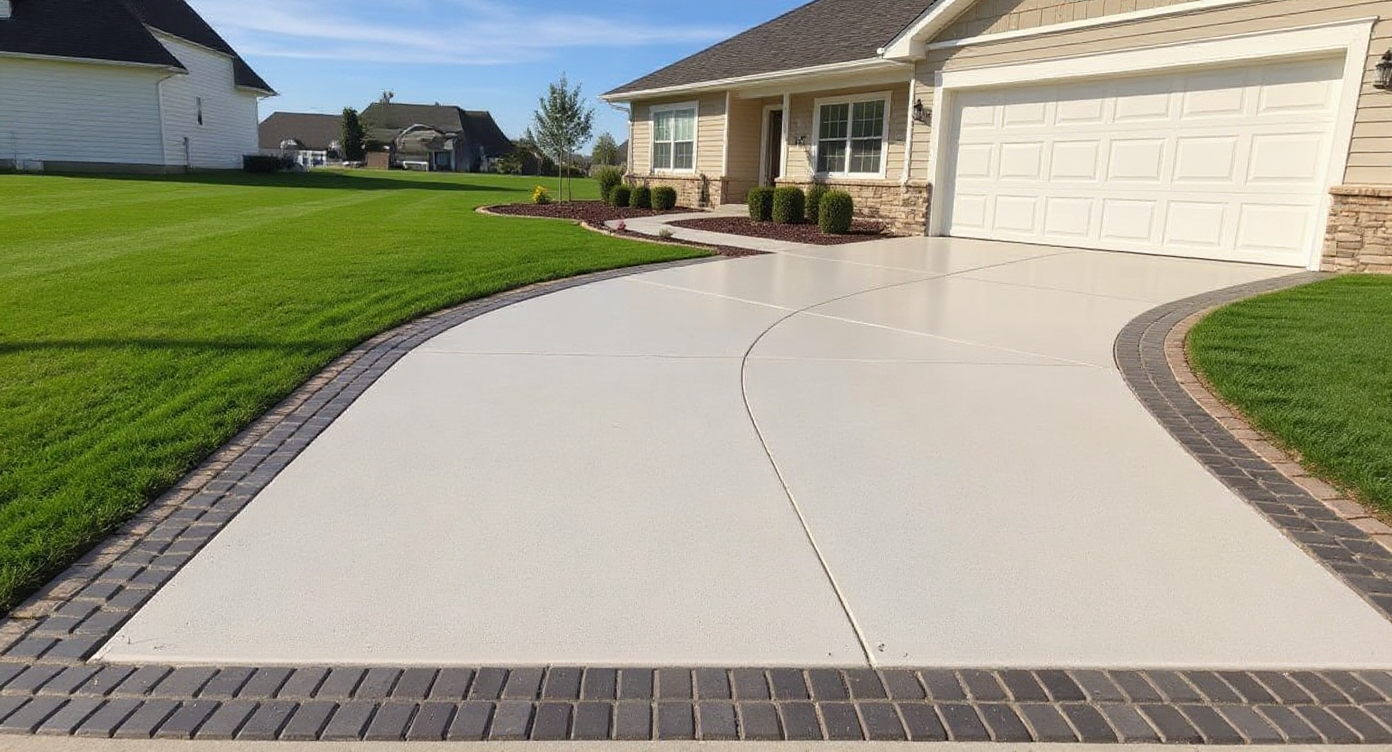 Concrete driveway with stamped border accent on a ranch home
