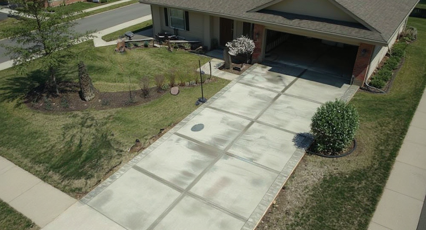 Aerial view of a completed concrete driveway and walkway