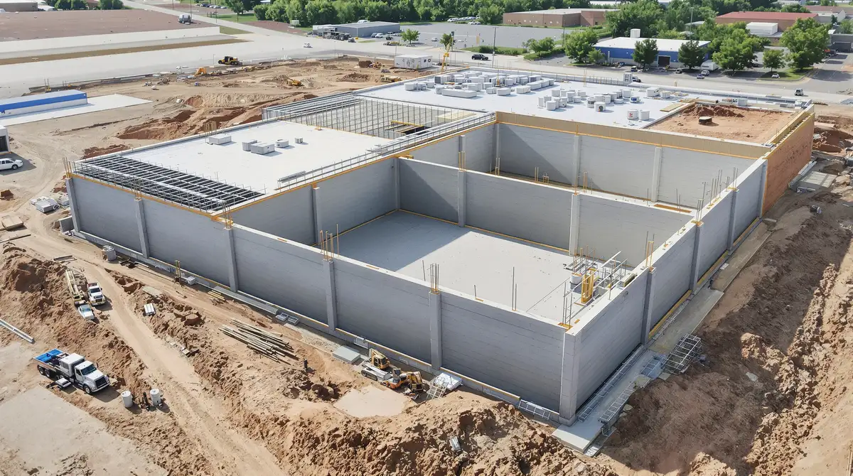 Aerial view of completed commercial concrete foundation for a warehouse in Kansas City — Ford Concrete
