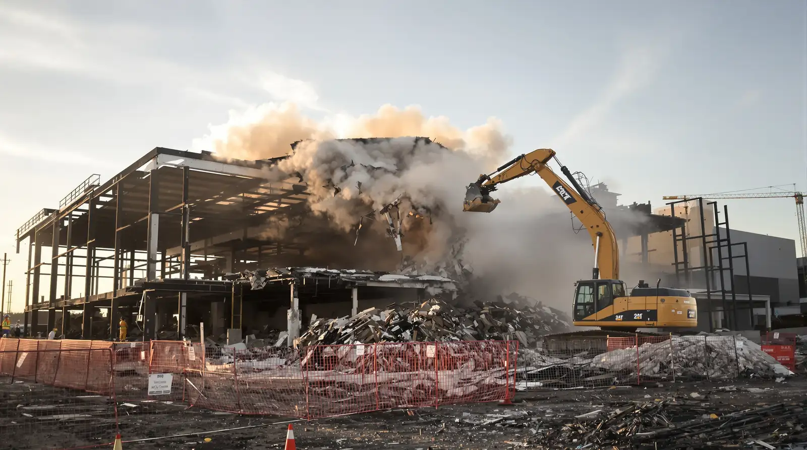 Active commercial demolition site in Kansas City with an excavator tearing down a steel-frame building, dust cloud, and safety fencing