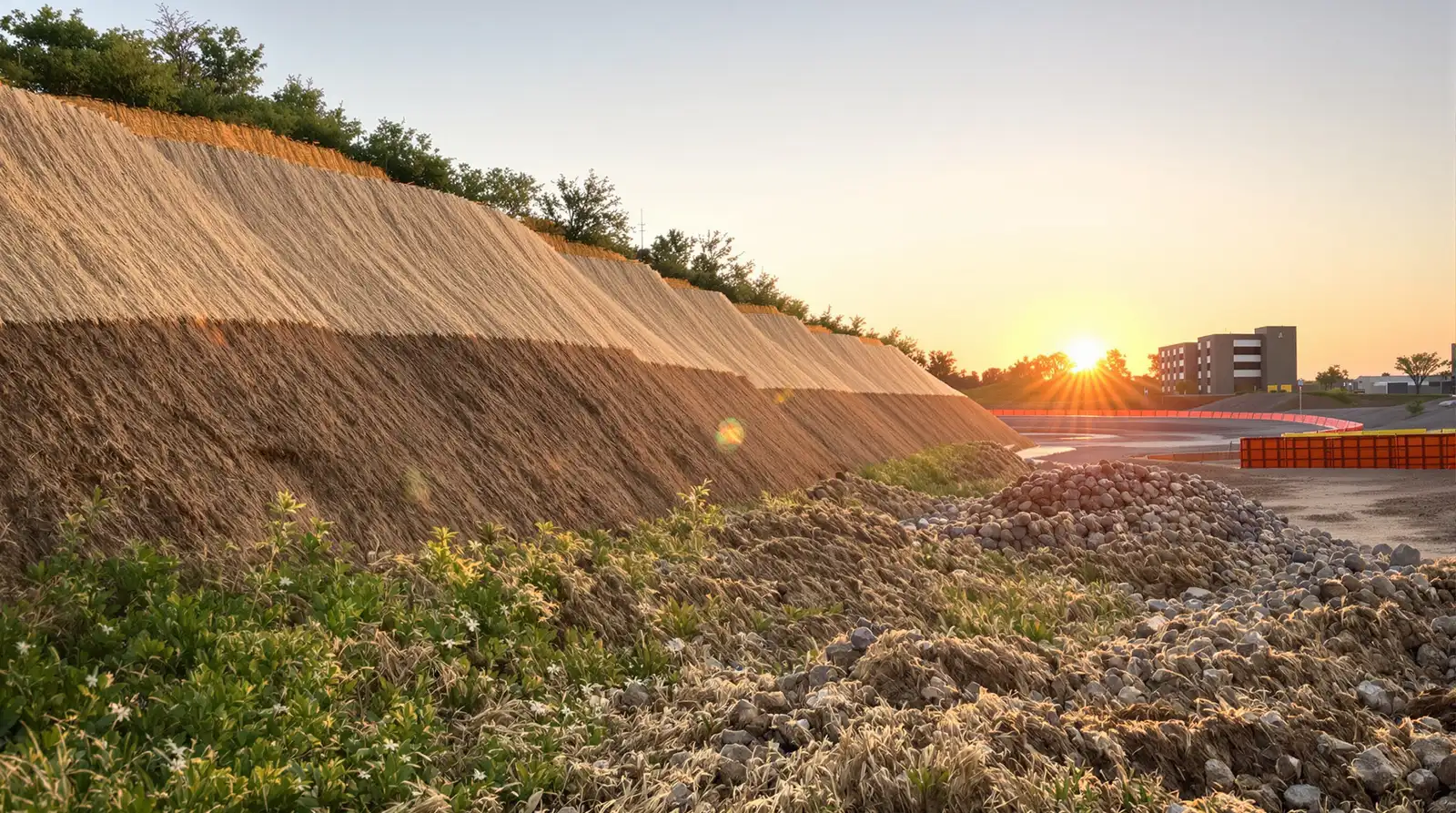 Wide view of a commercial construction site in Kansas City with comprehensive erosion control measures including trenched silt fence, straw wattles, and a stabilized rock entrance