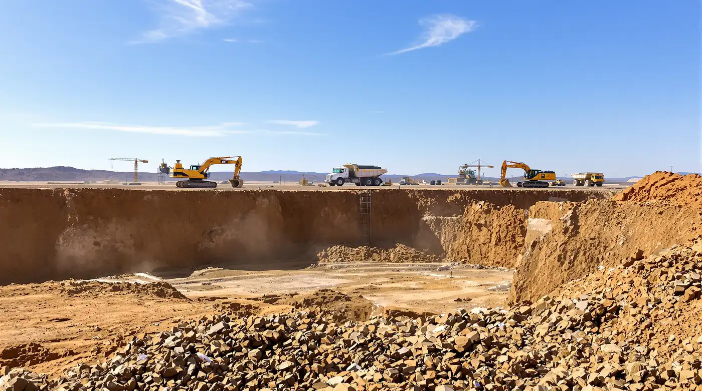Wide commercial mass excavation site in Kansas City with two tracked excavators loading dump trucks for spoils hauling