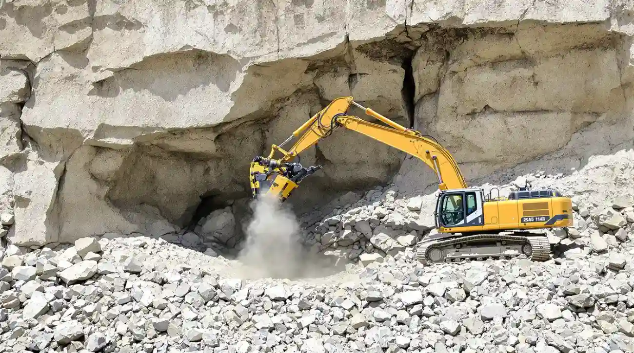 Large excavator with hydraulic breaker attachment chipping exposed limestone bedrock at a Kansas construction site