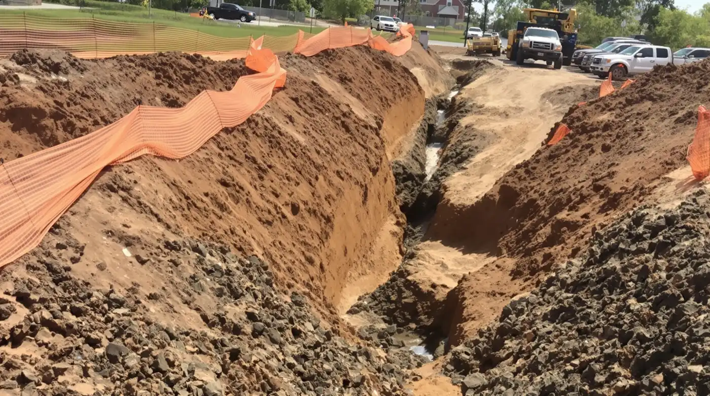 Freshly cut drainage swale on a commercial site with silt fence perimeter and orange erosion blanket in Kansas City