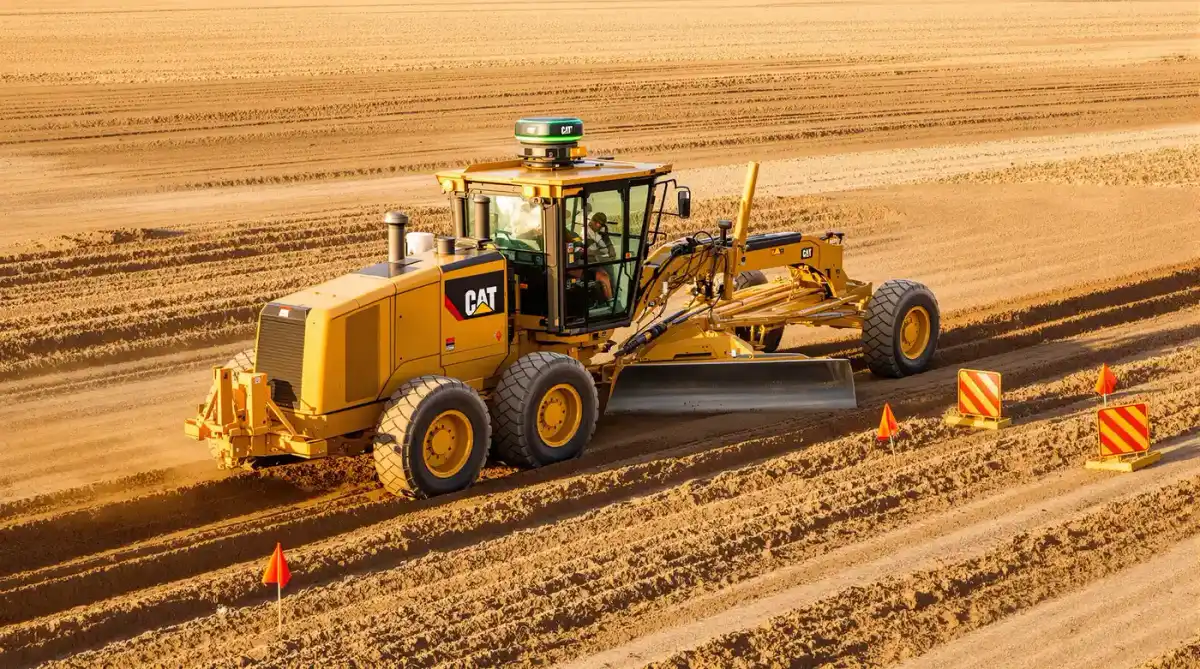 Caterpillar motor grader with laser mast and receiver fine-grading a smooth commercial sub-base in Kansas City
