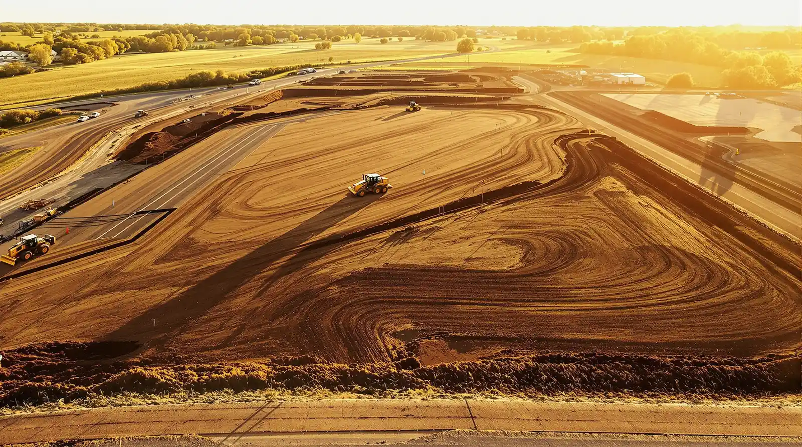 Wide view of a commercial site grading operation in Kansas City with a motor grader and dozer working a freshly graded building pad