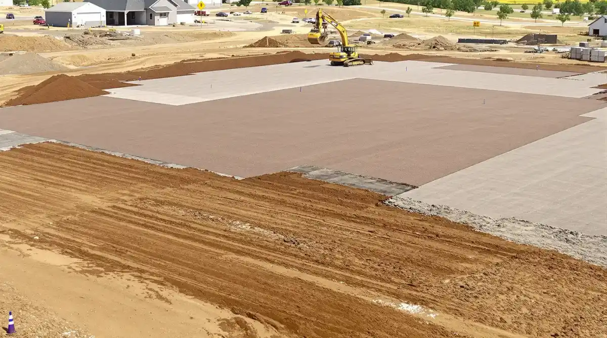 Dozer pushing brown dirt on a large commercial building pad with blue top stakes and grade flags visible in Kansas City