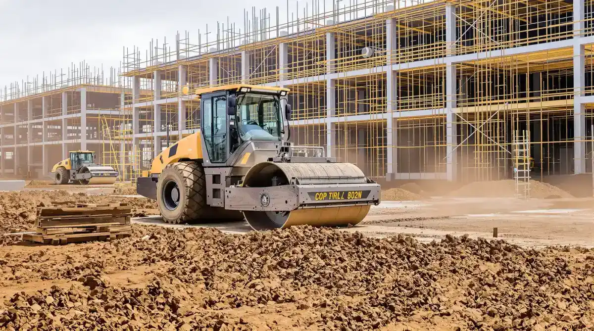 Large vibratory smooth-drum roller compacting a commercial building pad with staged rebar and formwork in Kansas City