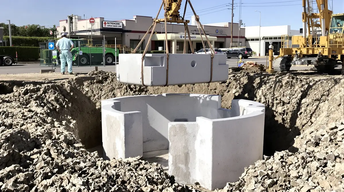 Precast concrete catch basin inlet box being lowered into a prepared excavation by excavator with pipe stubs visible at a Kansas City commercial site