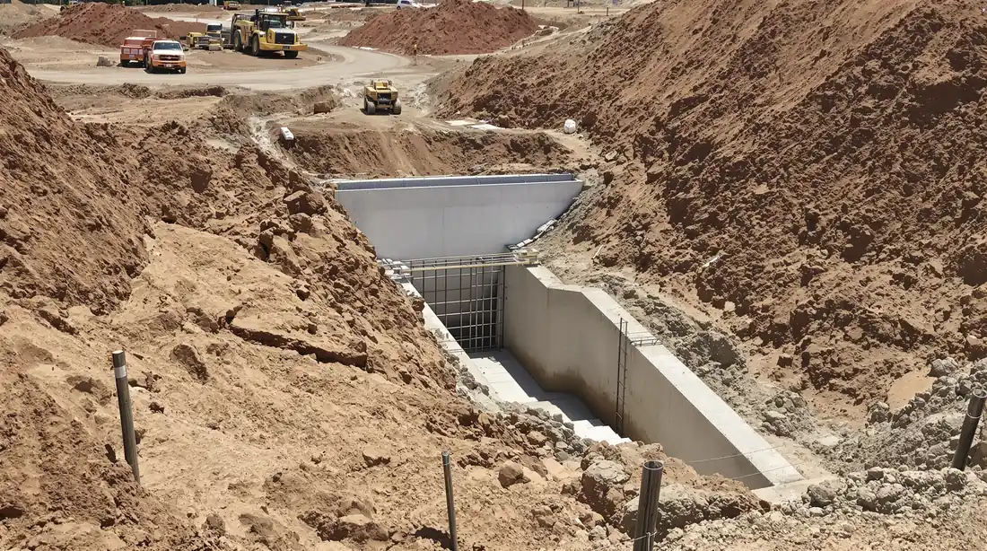 Partially excavated commercial detention basin with concrete outlet control structure and brown graded banks at a Kansas City construction site