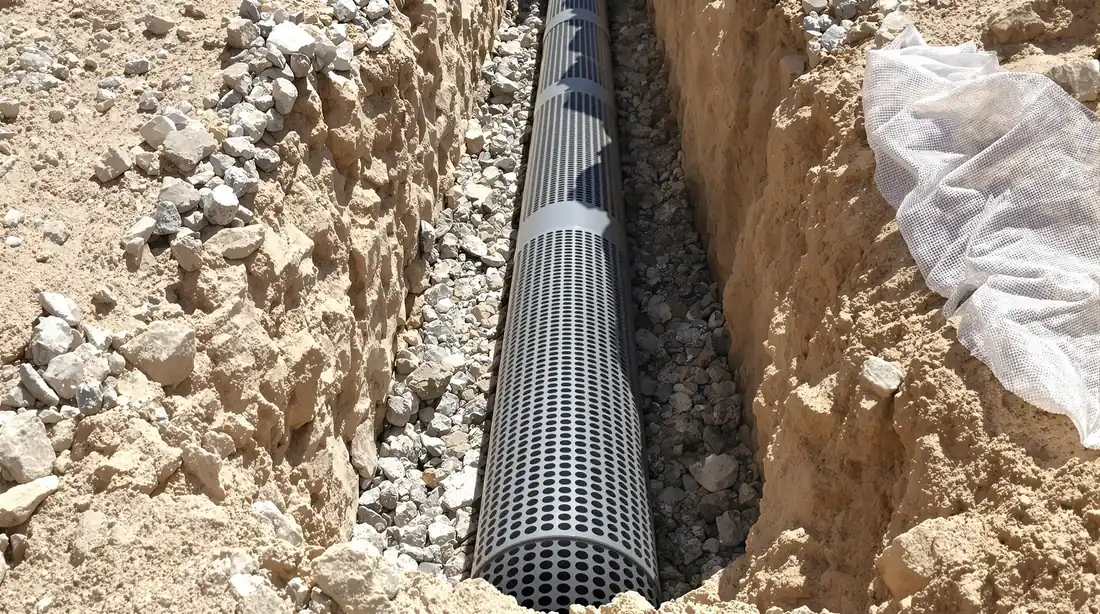 Open trench with a perforated black drain pipe surrounded by French drain aggregate and white geotextile fabric on the trench walls at a Kansas City construction site