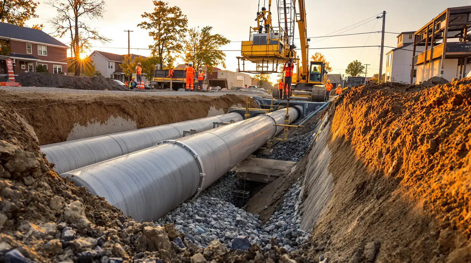 Wide commercial storm drainage installation with a large reinforced concrete pipe RCP being lowered into an open trench by an excavator in Kansas City