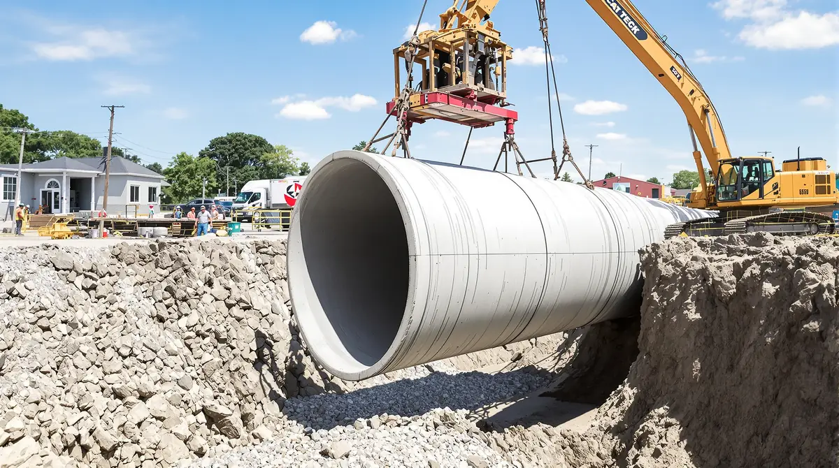 Large reinforced concrete pipe RCP being lowered by an excavator into an open trench with gravel bedding at a Kansas City commercial site