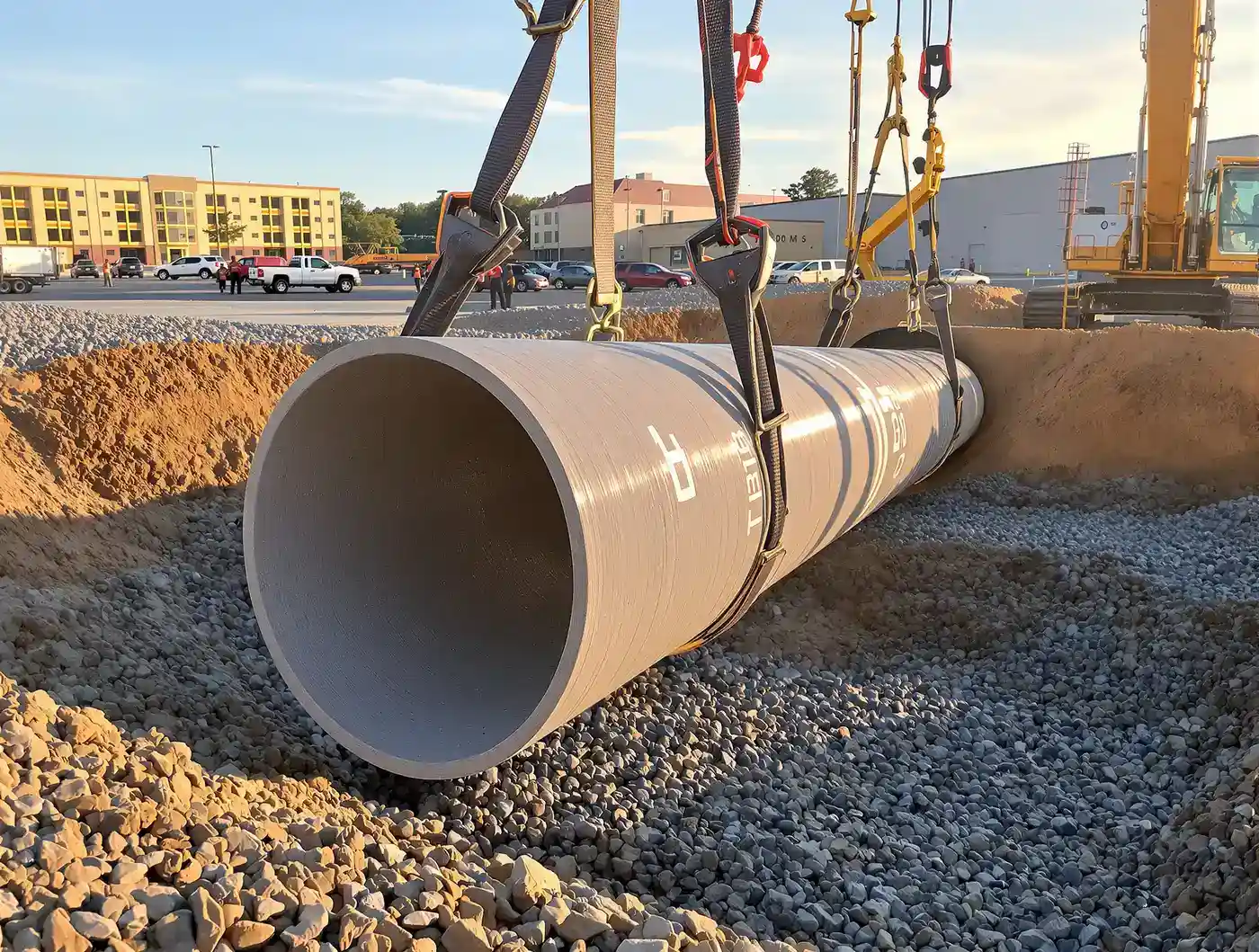 Large reinforced concrete storm pipe being lowered into a trench with gravel bedding on a Kansas City commercial site