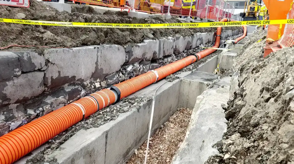Open utility trench with orange electrical conduit and bright yellow locatable warning tape visible above at a Kansas City commercial construction site