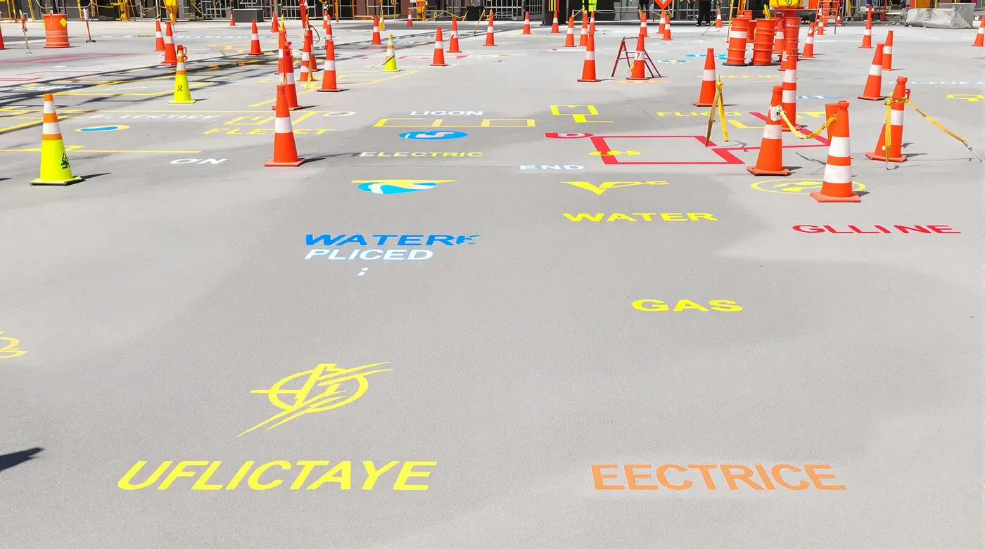 Ground surface with colorful painted utility locate marks and matching colored marking flags on a Kansas City commercial construction site
