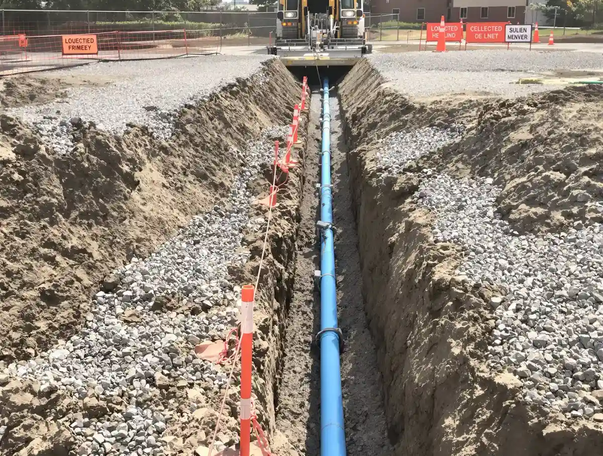 Open utility trench with blue PVC pipe on gravel bedding and orange locate flags on a Kansas City commercial site